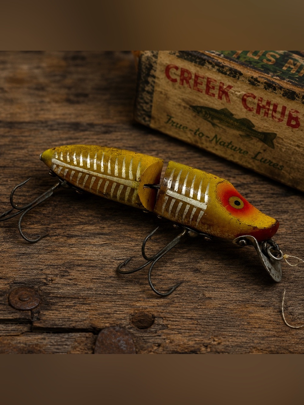 Vintage Creek Chub Pikie Jointed Wooden Fishing Lure 3 5/8” Glass Eyes